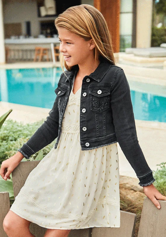 Mayoral Older Girls Embroidered Denim Jacket, Black Women's college jackets