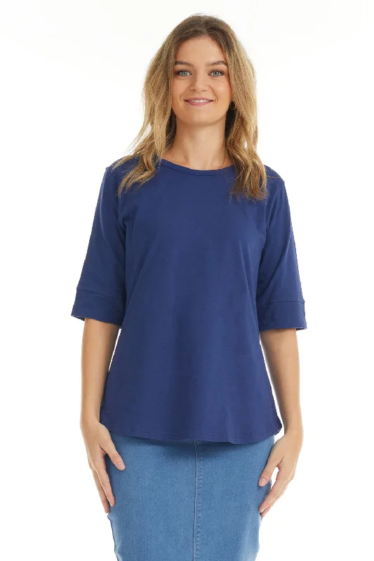 Navy Blue Elbow Sleeve Cotton Tunic Top for Women