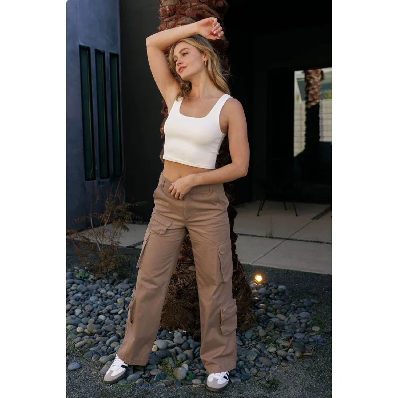 Mid Rise Cargo Puddle Pants - Taupe