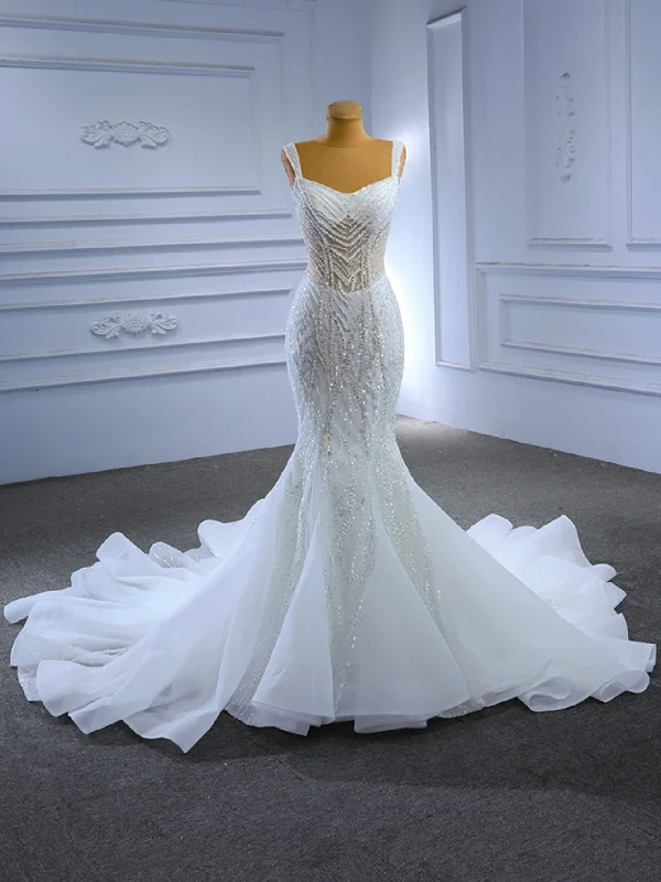 White Mermaid Tulle Straps Beading Wedding Dress Sexy Wedding Dress