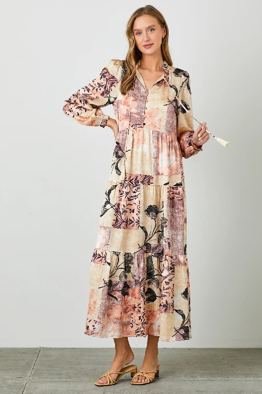 Beige Patchwork Satin Tiered Button Front Midi Dress Expensive midi dresses