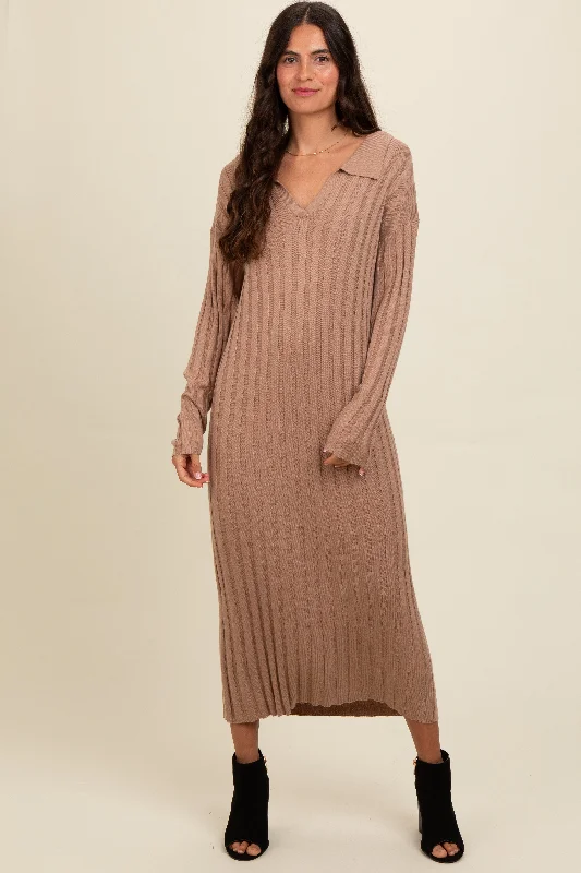 Mocha Ribbed Collared Midi Sweater Dress Urban Outfitters midi dresses