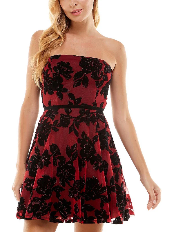 Juniors Womens Velvet Mini Cocktail and Party Dress Printed Denim Skirt