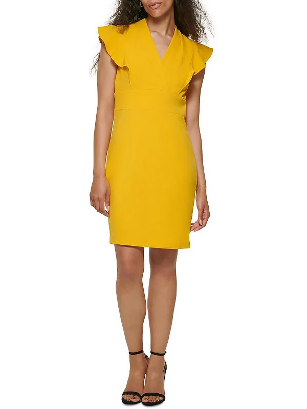 Petites Womens Flutter Sleeve Mini Sheath Dress Ripped Denim Skirt
