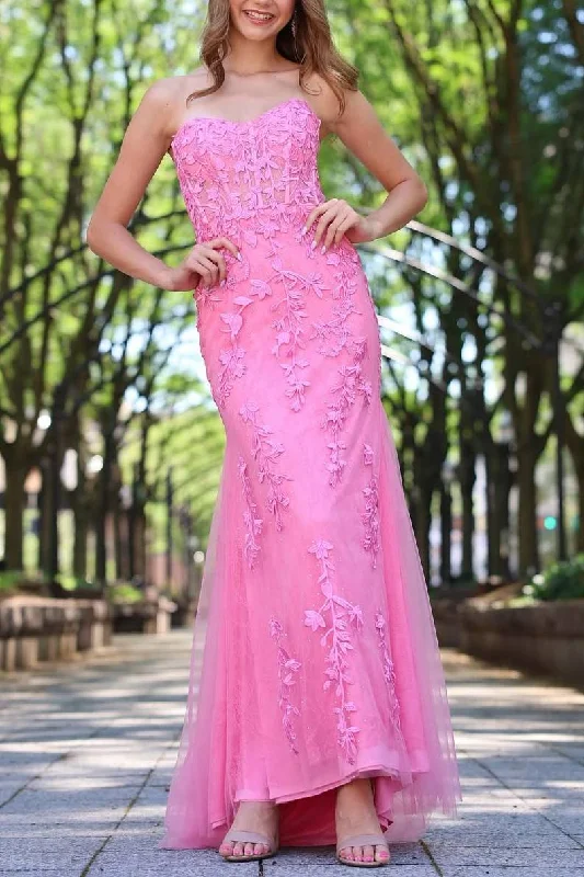 Pink Strapless Sweetheart Lace Appliques Mermaid Long Prom Dress Pleated Maxi Skirt