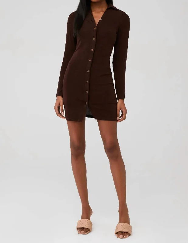 Ring My Bell Mini Dress In Chocolate Brown Skirt with Buttons