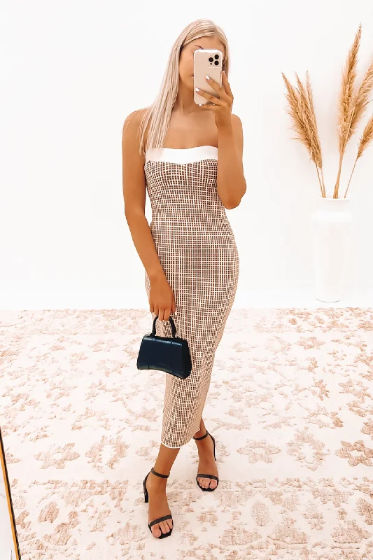 Isabella Check Strapless Knit Dress Brown Ivory Elegant evening unclassified dresses