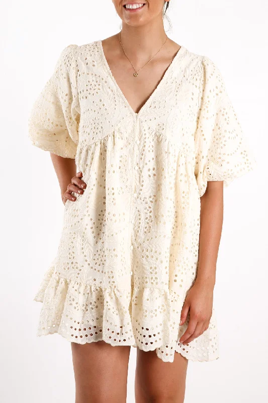 Maya Anglaise Babydoll Dress Off White Cream Color block unclassified dresses