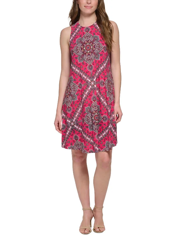 Petites Womens Round Neck Paisley Shift Dress Denim unclassified dresses
